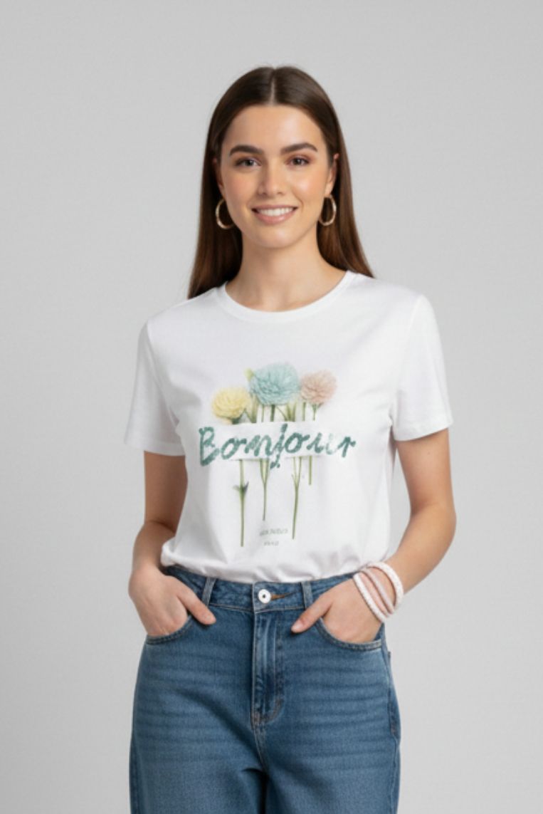 T-SHIRT SCRITTA BONJOUR - immagine 2