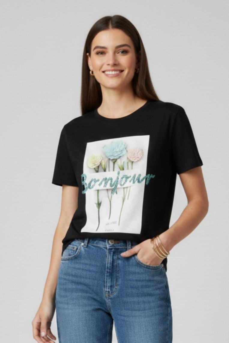 T-SHIRT SCRITTA BONJOUR - immagine 3
