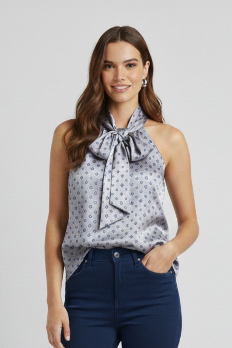 BLUSA SATINATA STAMPATA CON FIOCCO 1 BLUSA SATINATA STAMPATA CON FIOCCO - immagine 1