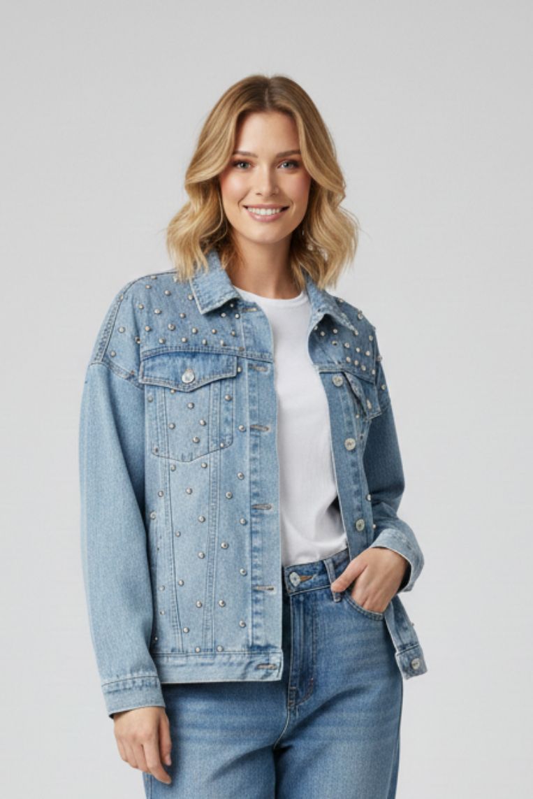 GIUBBOTTO DENIM CON BORCHIE - immagine 2
