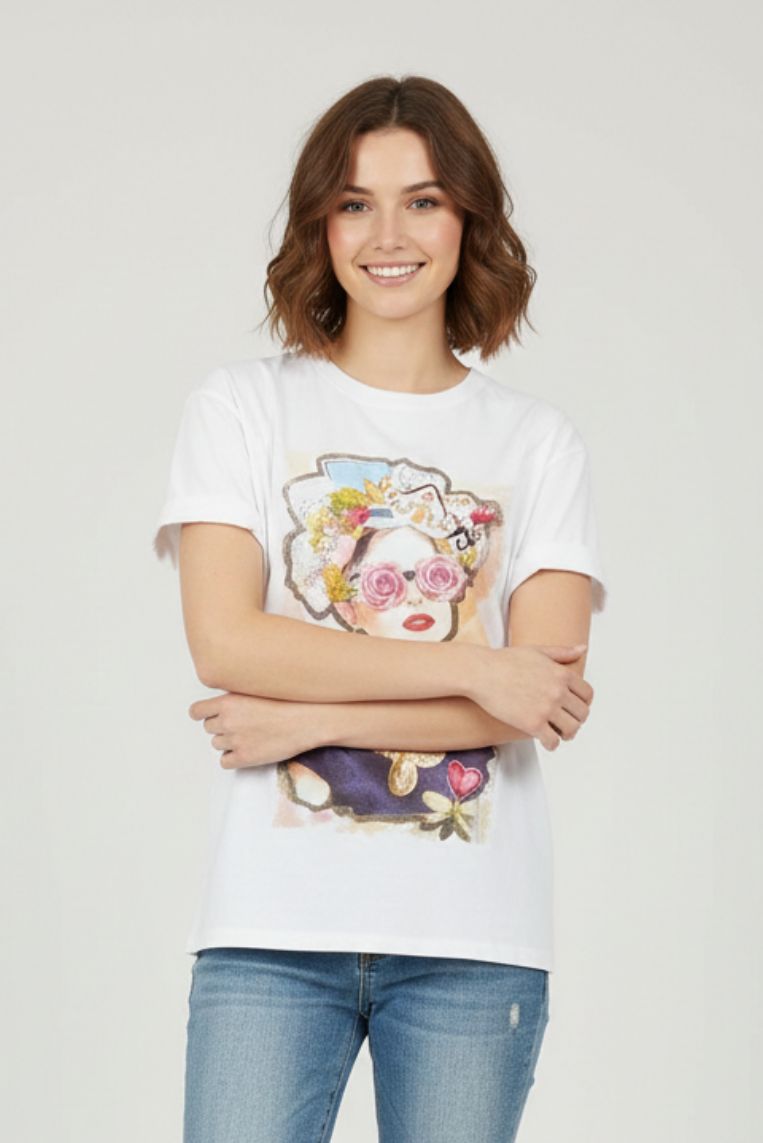T-SHIRT STAMPA VOLTO CON ROSE - immagine 2