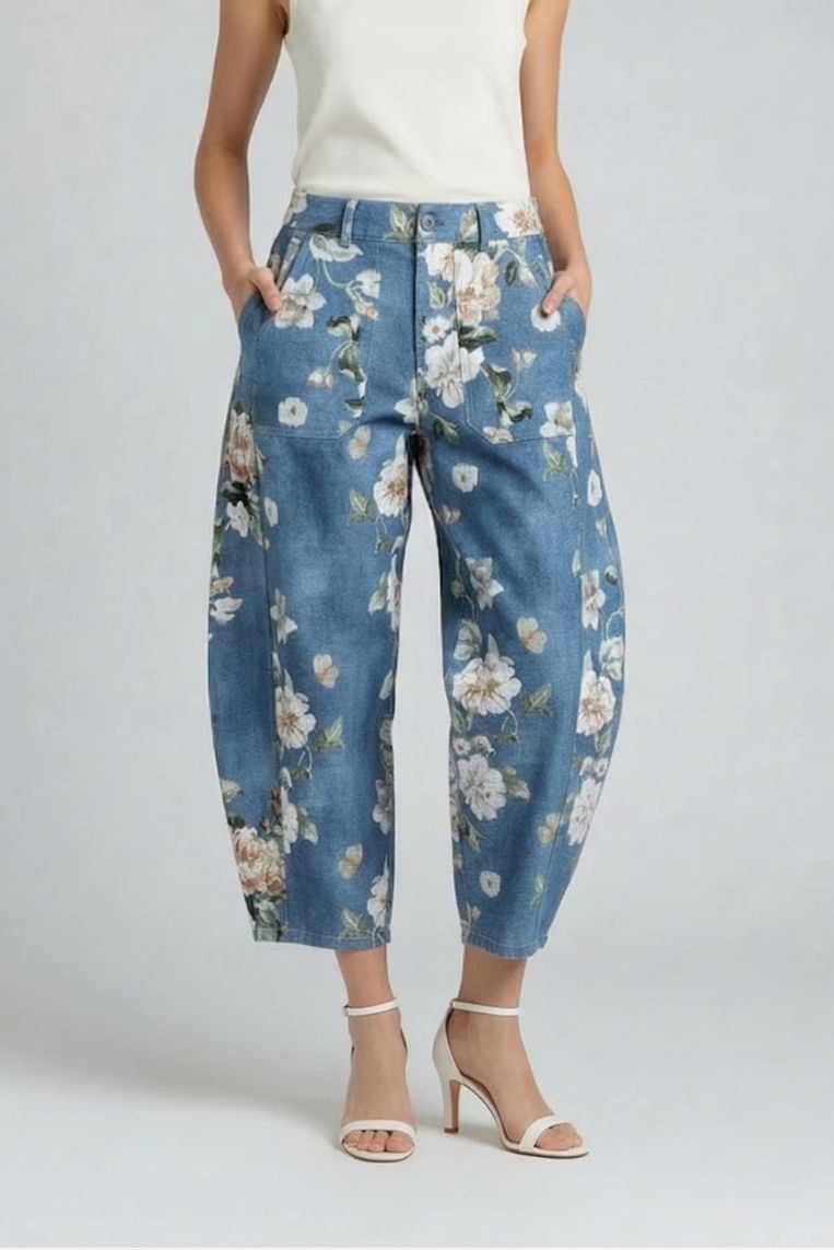 PANTALONE EFFETTO DENIM A FIORI - immagine 2