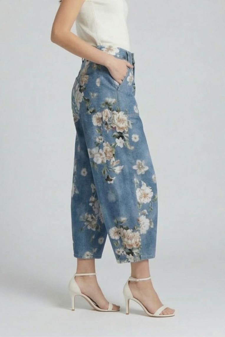 PANTALONE EFFETTO DENIM A FIORI - immagine 3