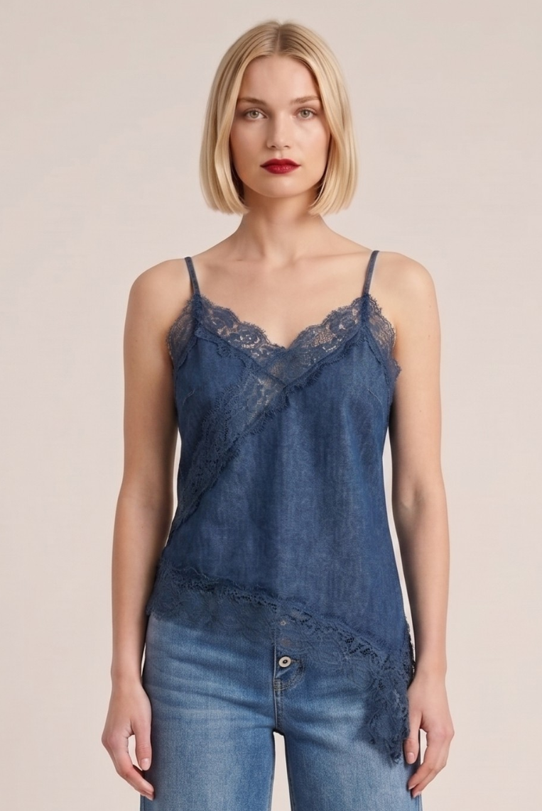 TOP SPALLA STRETTA CHAMBRAY E PIZZO