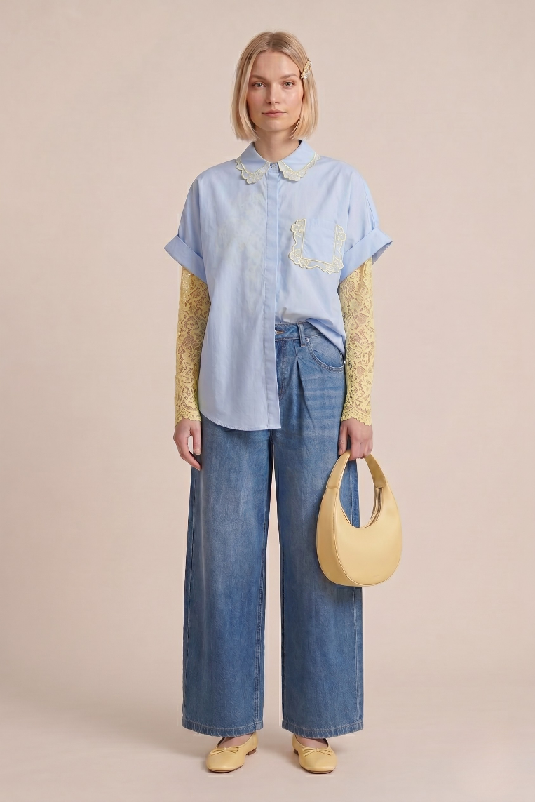 DENIM GAMBA LARGA VITA CON PINCES 1 DENIM GAMBA LARGA VITA CON PINCES - immagine 1