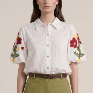 CAMICIA MM PALLONCINO RICAMO FIORE CONTRASTO 6 CAMICIA MM PALLONCINO RICAMO FIORE CONTRASTO - Thumbnail Image 3