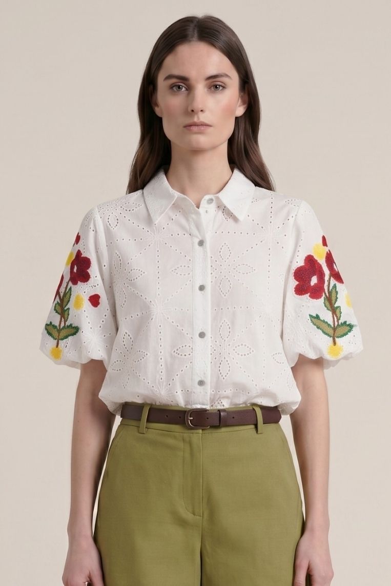 CAMICIA MM PALLONCINO RICAMO FIORE CONTRASTO - immagine 3