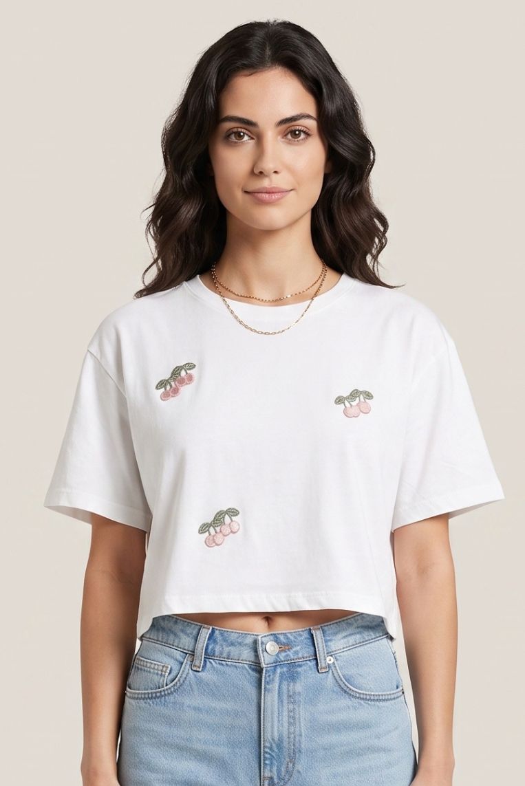 T-SHIRT MANICHE CORTE CILIEGIE RICAMATE - immagine 2