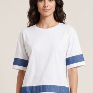 T-SHIRT MANICHE CORTE CROP TESSUTO DENIM 4 T-SHIRT MANICHE CORTE CROP TESSUTO DENIM - Thumbnail Image 2