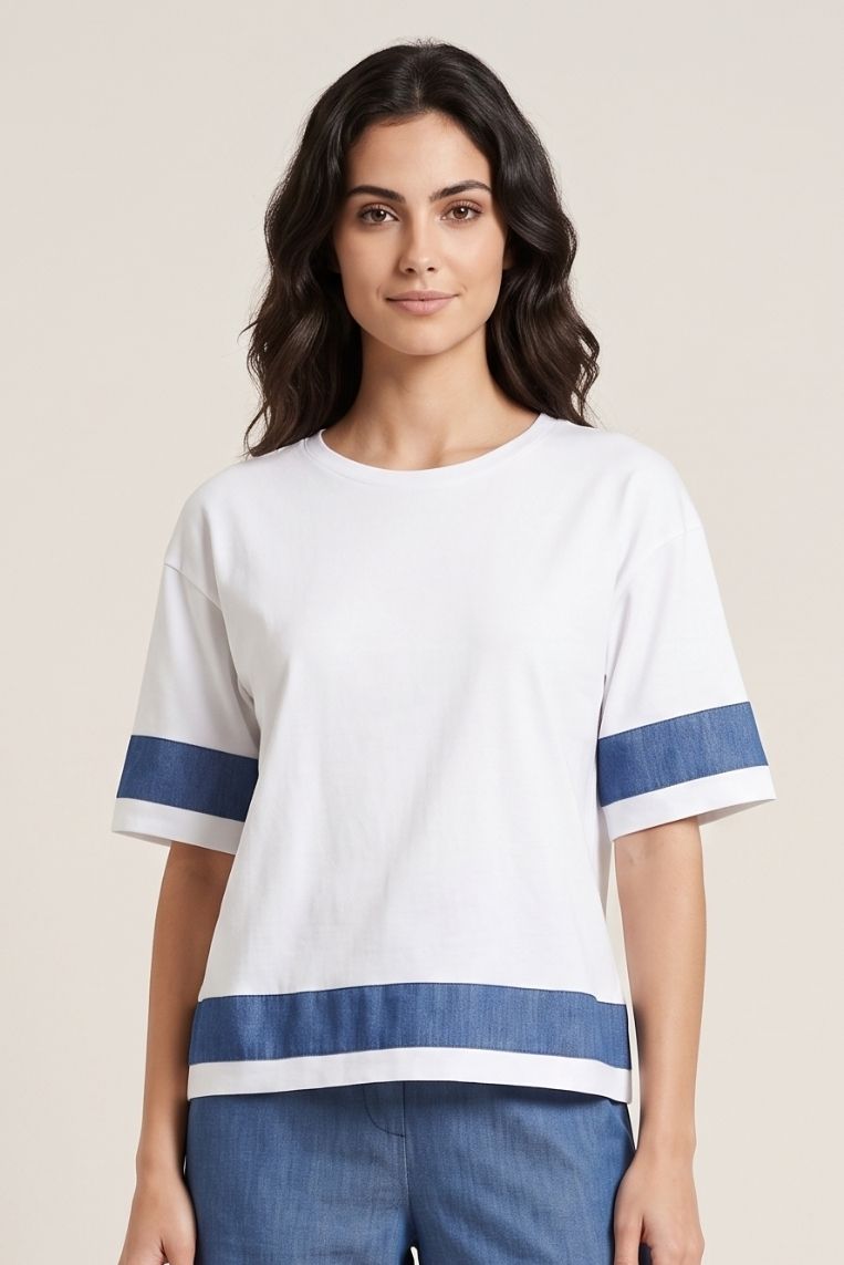 T-SHIRT MANICHE CORTE CROP TESSUTO DENIM - immagine 2
