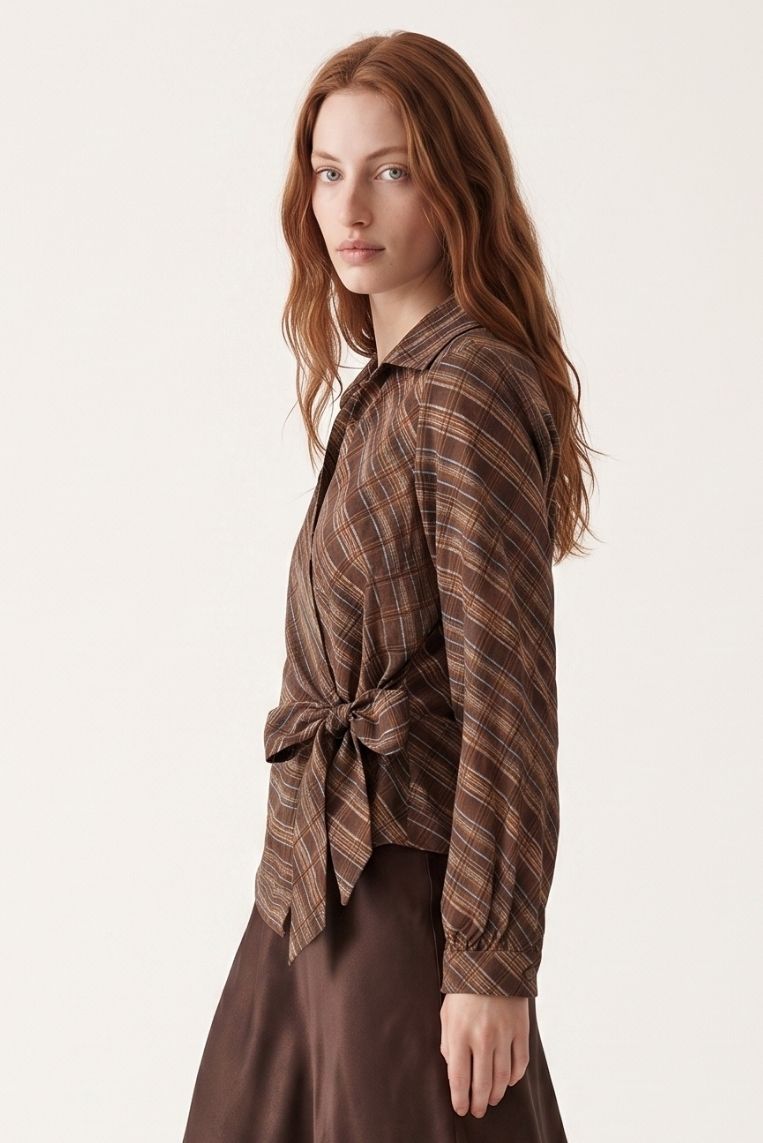 BLUSA STAMPA QUADRO GEORGETTE NODO LATERALE