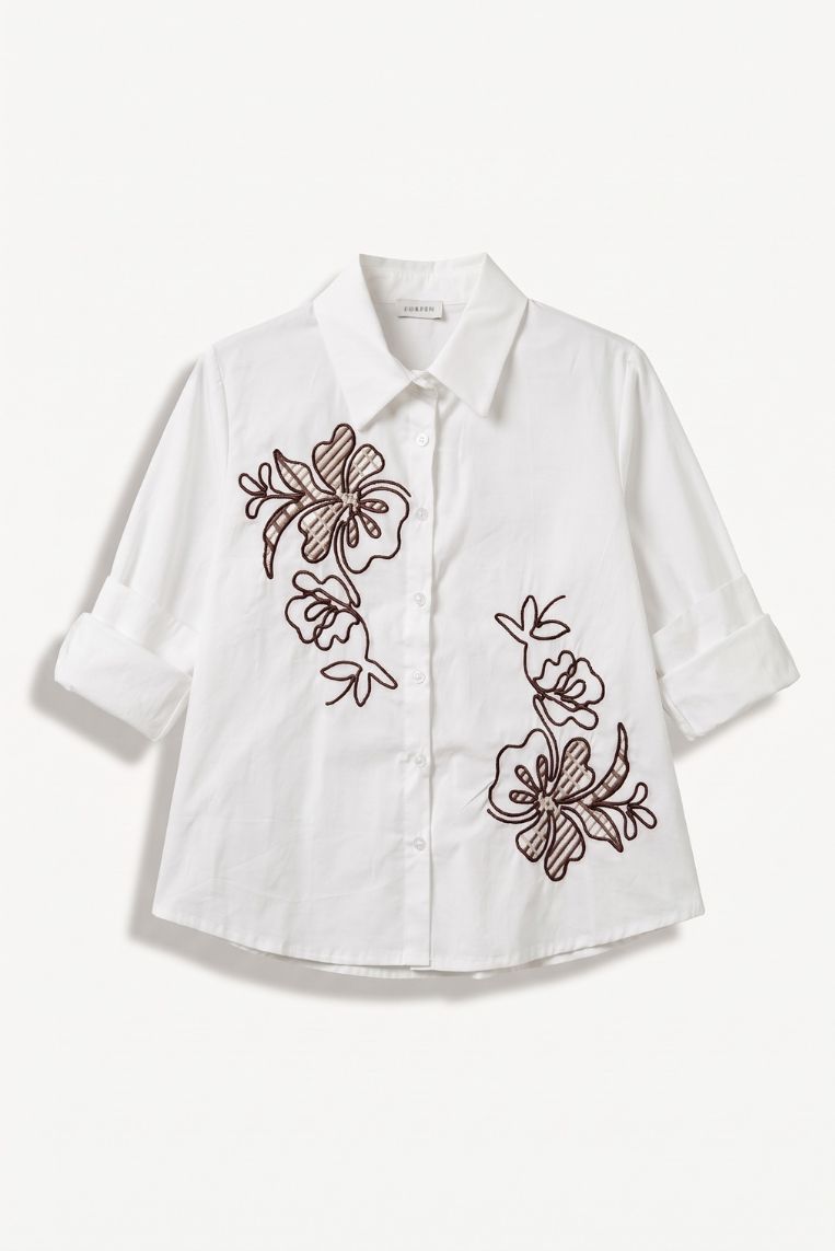 CAMICIA RICAMO FIORE MARRONE - immagine 3