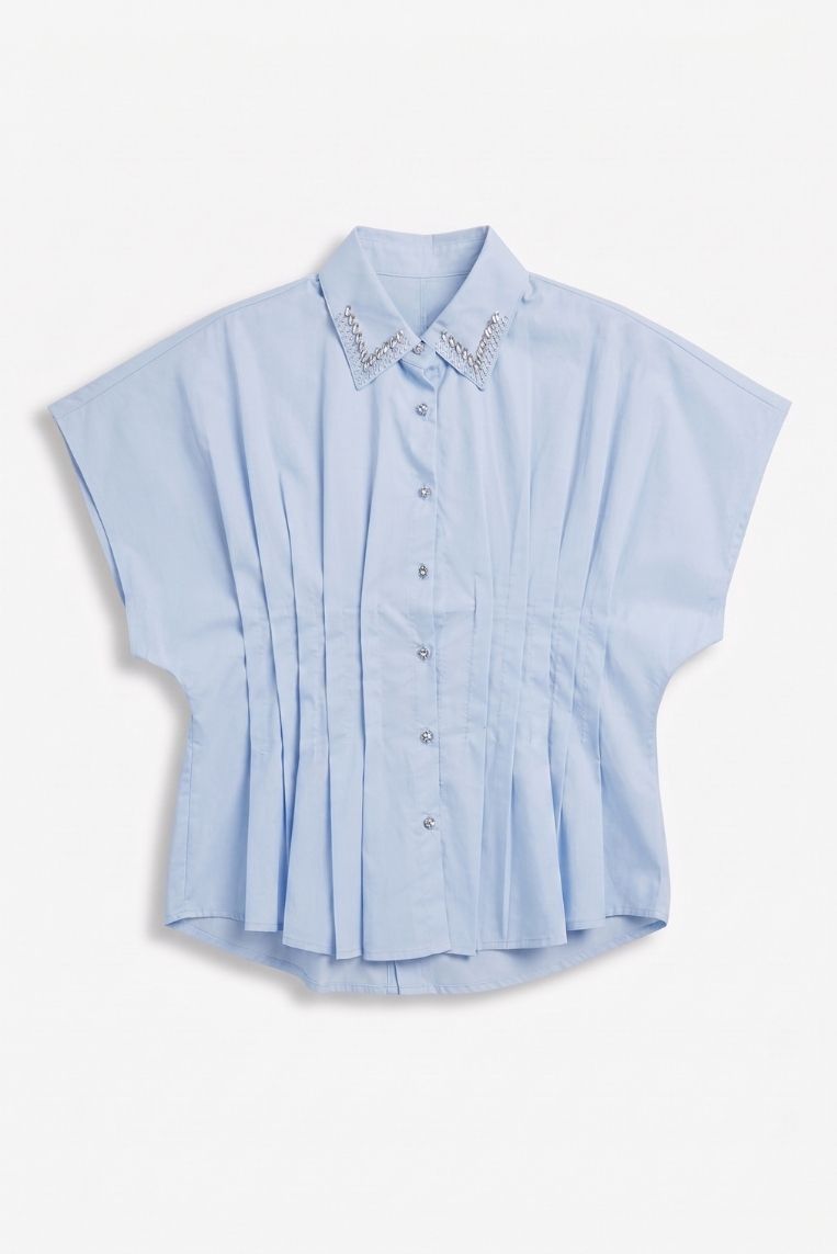 CAMICIA MANICHE CORTE ARRICCIO COLLETTO STRASS 3 CAMICIA MANICHE CORTE ARRICCIO COLLETTO STRASS - immagine 3
