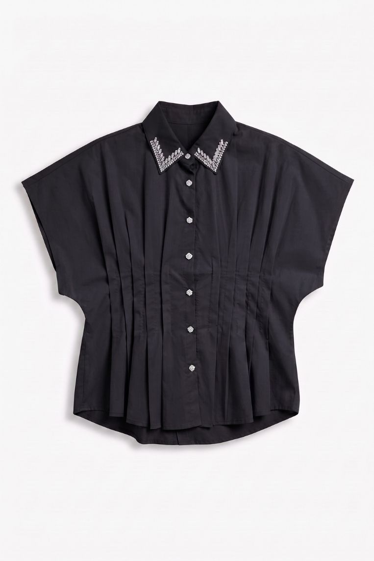 CAMICIA MANICHE CORTE ARRICCIO COLLETTO STRASS 7 CAMICIA MANICHE CORTE ARRICCIO COLLETTO STRASS - immagine 7