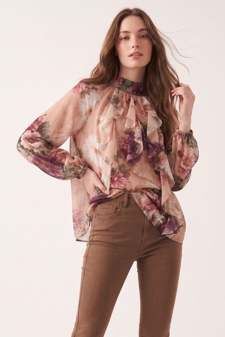 BLUSA STAMPA FIORE GEORGETTE - TU, MARRONE