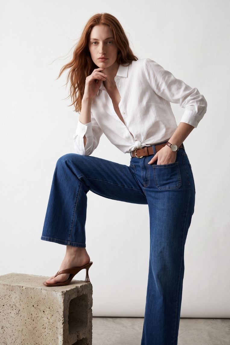 DENIM GAMBA LARGA CON TASCHINO