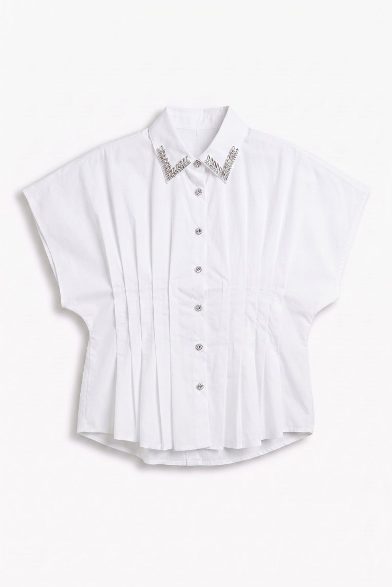 CAMICIA MANICHE CORTE ARRICCIO COLLETTO STRASS 11 CAMICIA MANICHE CORTE ARRICCIO COLLETTO STRASS - immagine 11