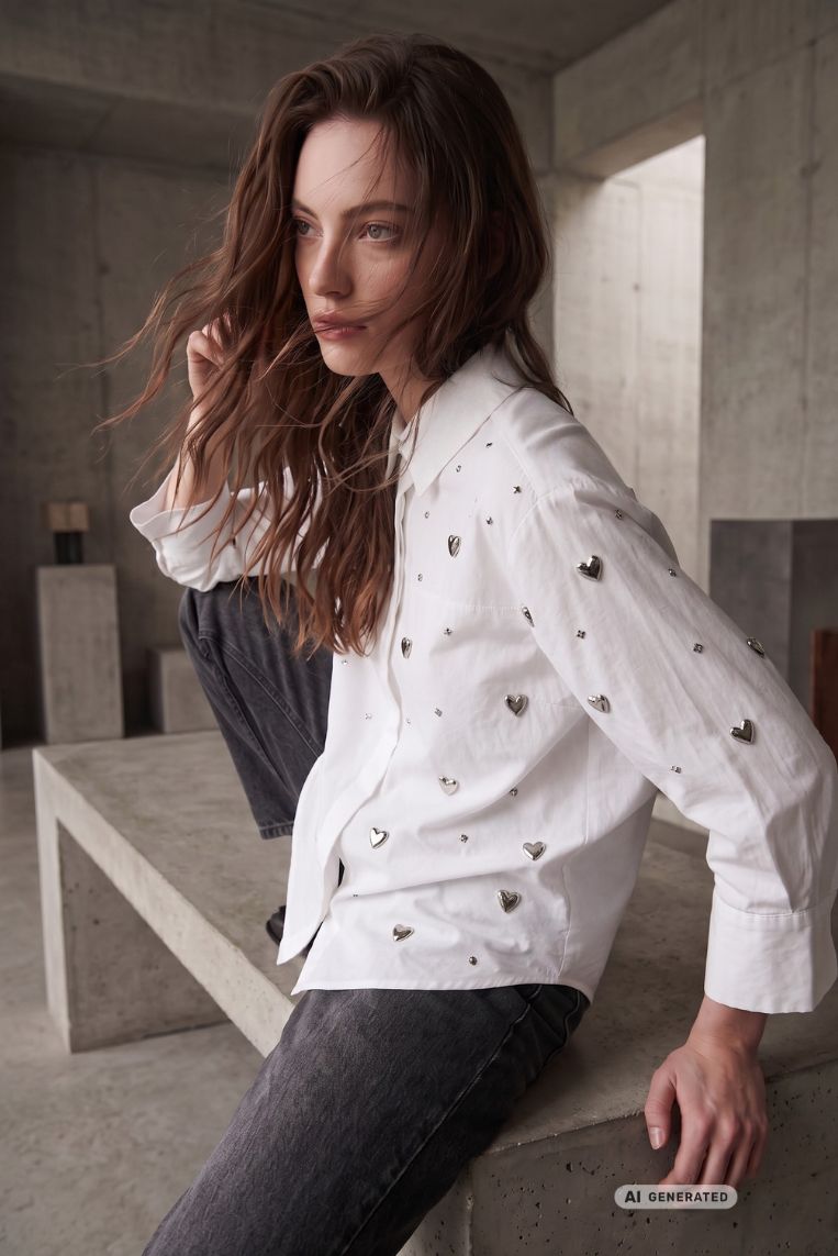 CAMICIA APPLICAZIONI CUORI ARGENTO