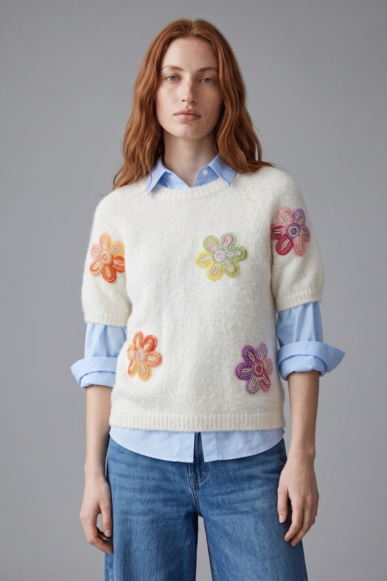 MAGLIA GIRO MANICHE CORTE FIORI E PERLE - immagine 2