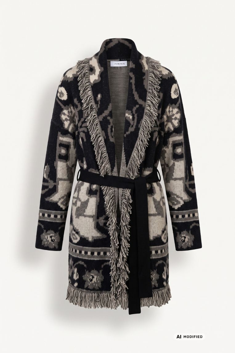 CARDIGAN LUNGO JACQUARD FRANGE - immagine 3