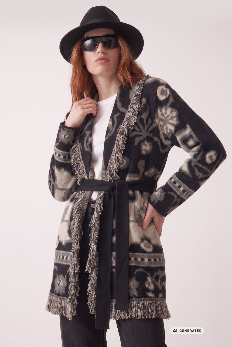 CARDIGAN LUNGO JACQUARD FRANGE - immagine 2