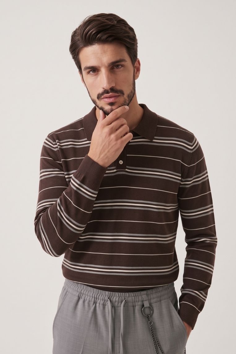 MAGLIA POLO RIGHE JAQUARD - S, MARRONE