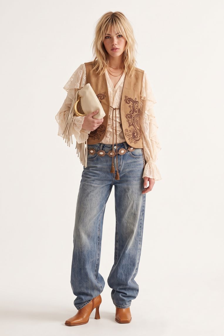 GILET OVER RICAMO - S, CAMMELLO