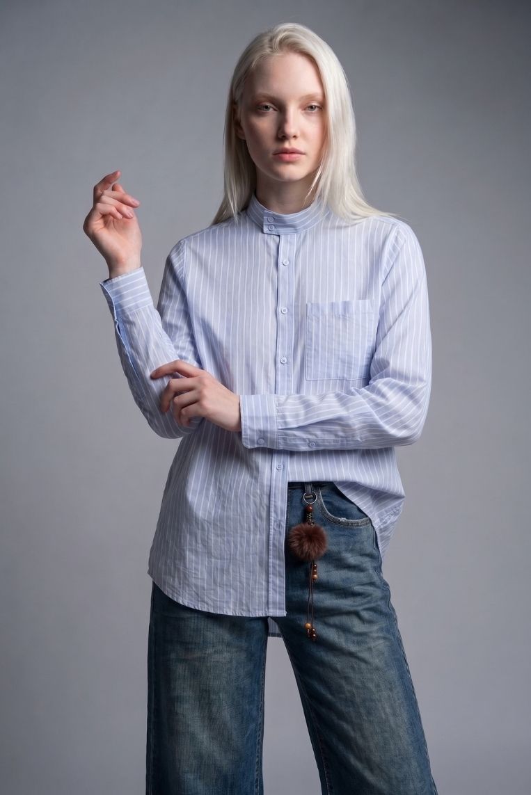 CAMICIA RIGHE COLLO RIALZATO - S, AZZURRO