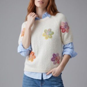 MAGLIA GIRO MANICHE CORTE FIORI E PERLE 4 MAGLIA GIRO MANICHE CORTE FIORI E PERLE - Thumbnail Image 1