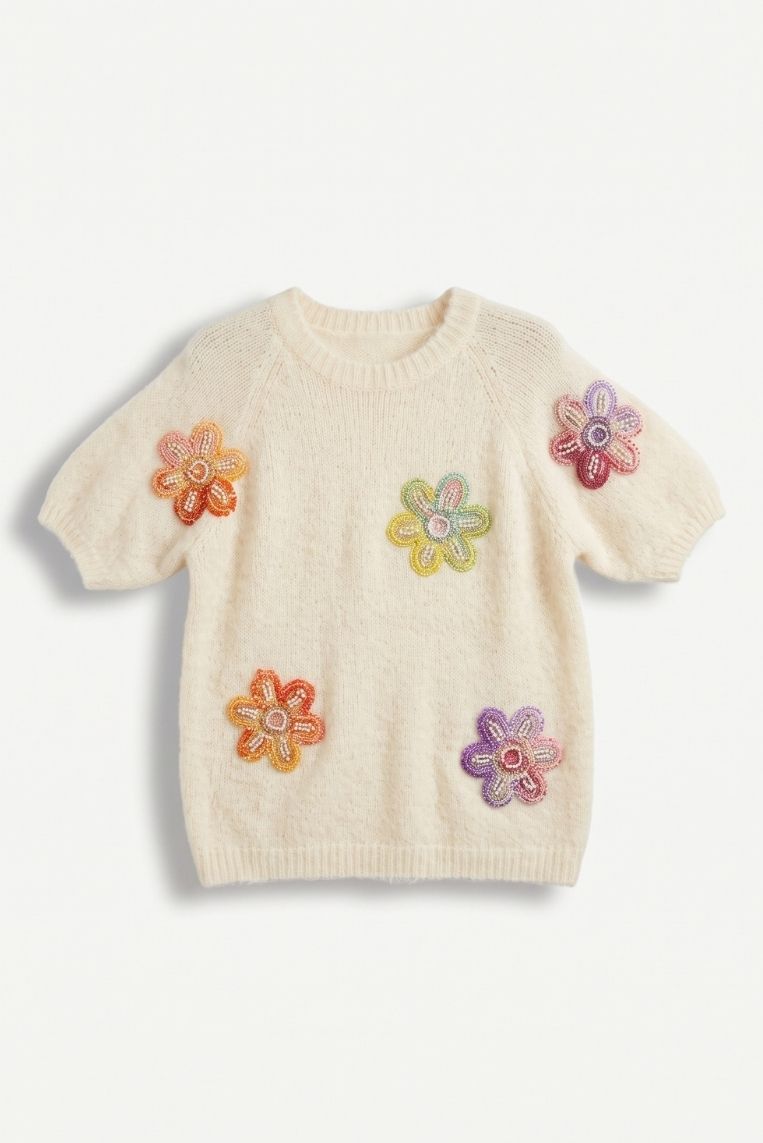 MAGLIA GIRO MANICHE CORTE FIORI E PERLE - immagine 3