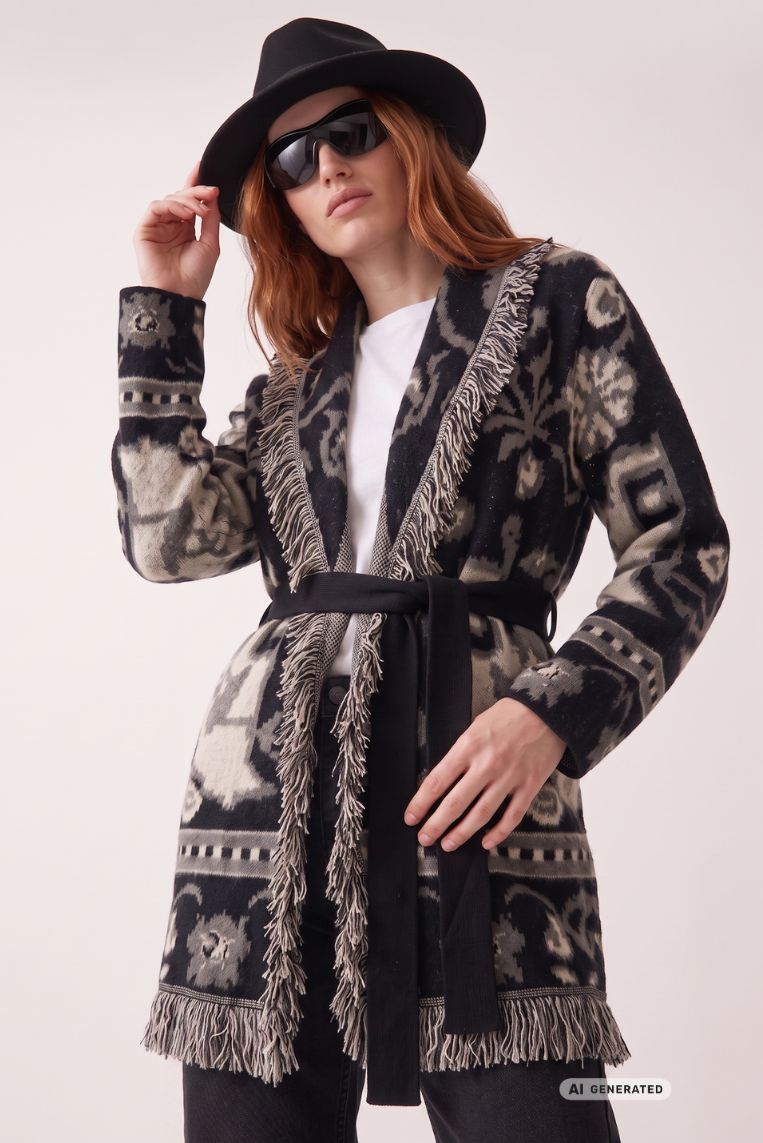 CARDIGAN LUNGO JACQUARD FRANGE