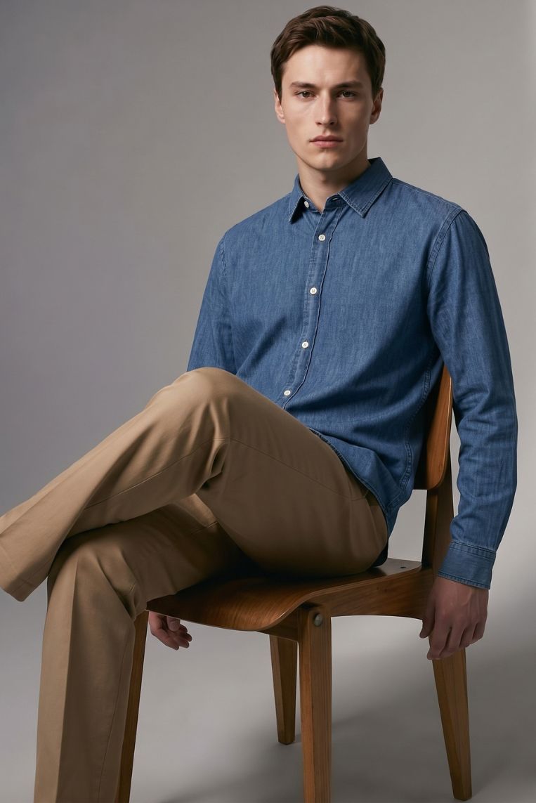 CAMICIA DENIM COLLO FRANCESE - S, JEANS MEDIO