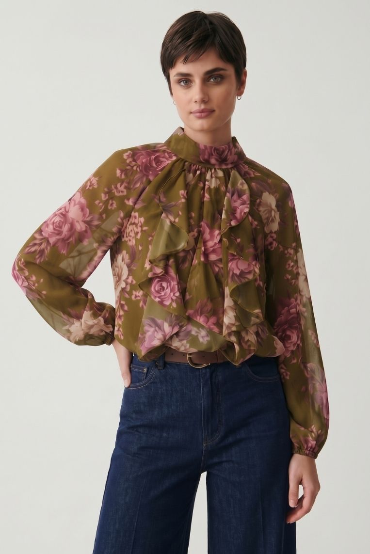 BLUSA COLLO ALTO FRILLS STAMPA FIORI 2 BLUSA COLLO ALTO FRILLS STAMPA FIORI - immagine 2