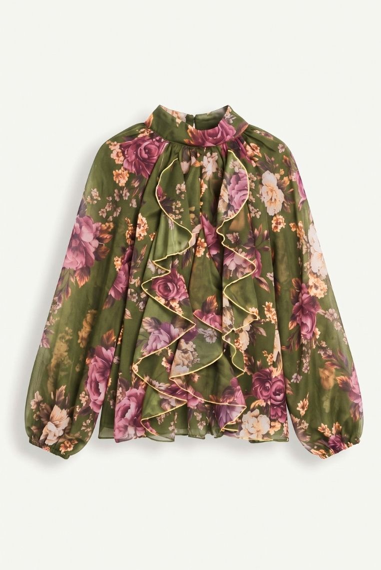BLUSA COLLO ALTO FRILLS STAMPA FIORI 3 BLUSA COLLO ALTO FRILLS STAMPA FIORI - immagine 3