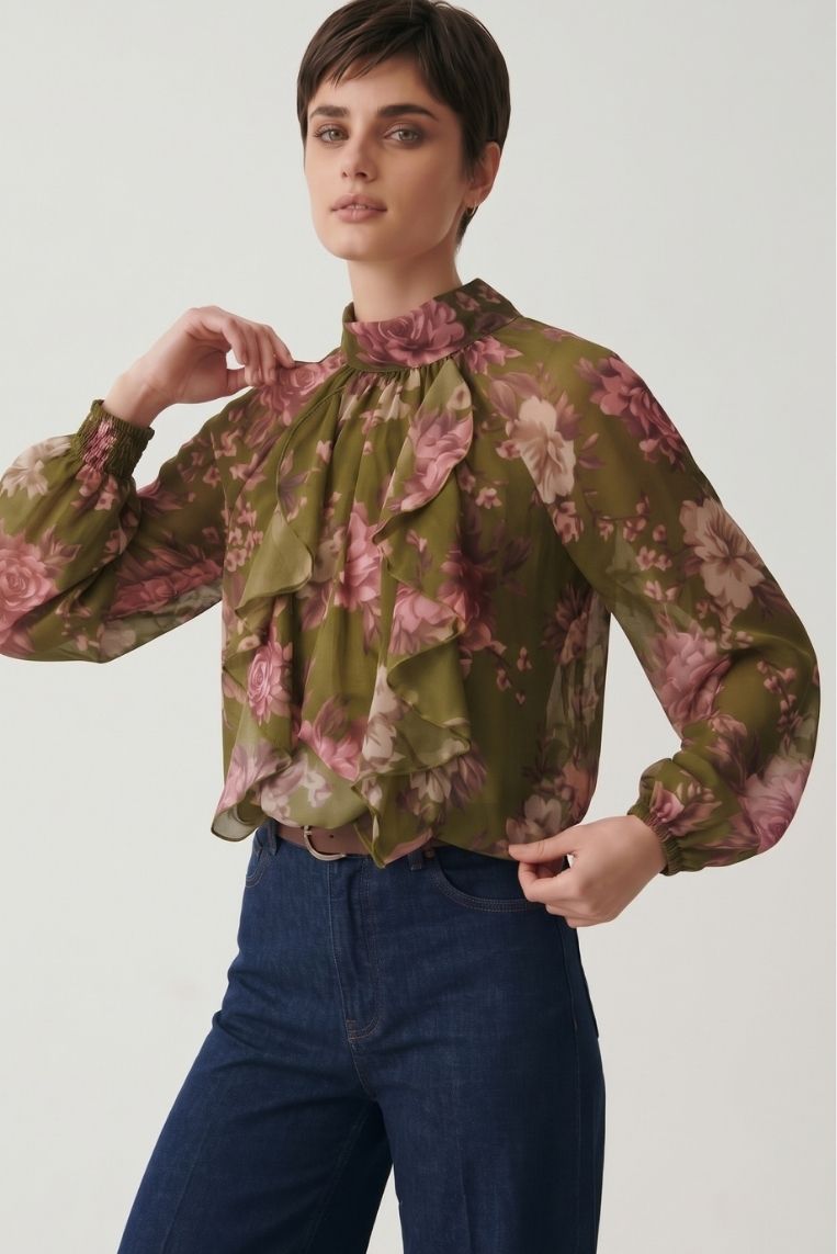 BLUSA COLLO ALTO FRILLS STAMPA FIORI