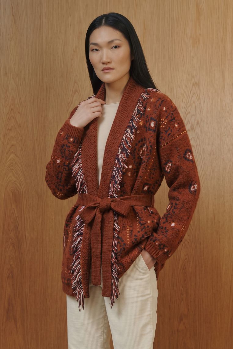CARDIGAN LUNGO FRANGE COCCIO